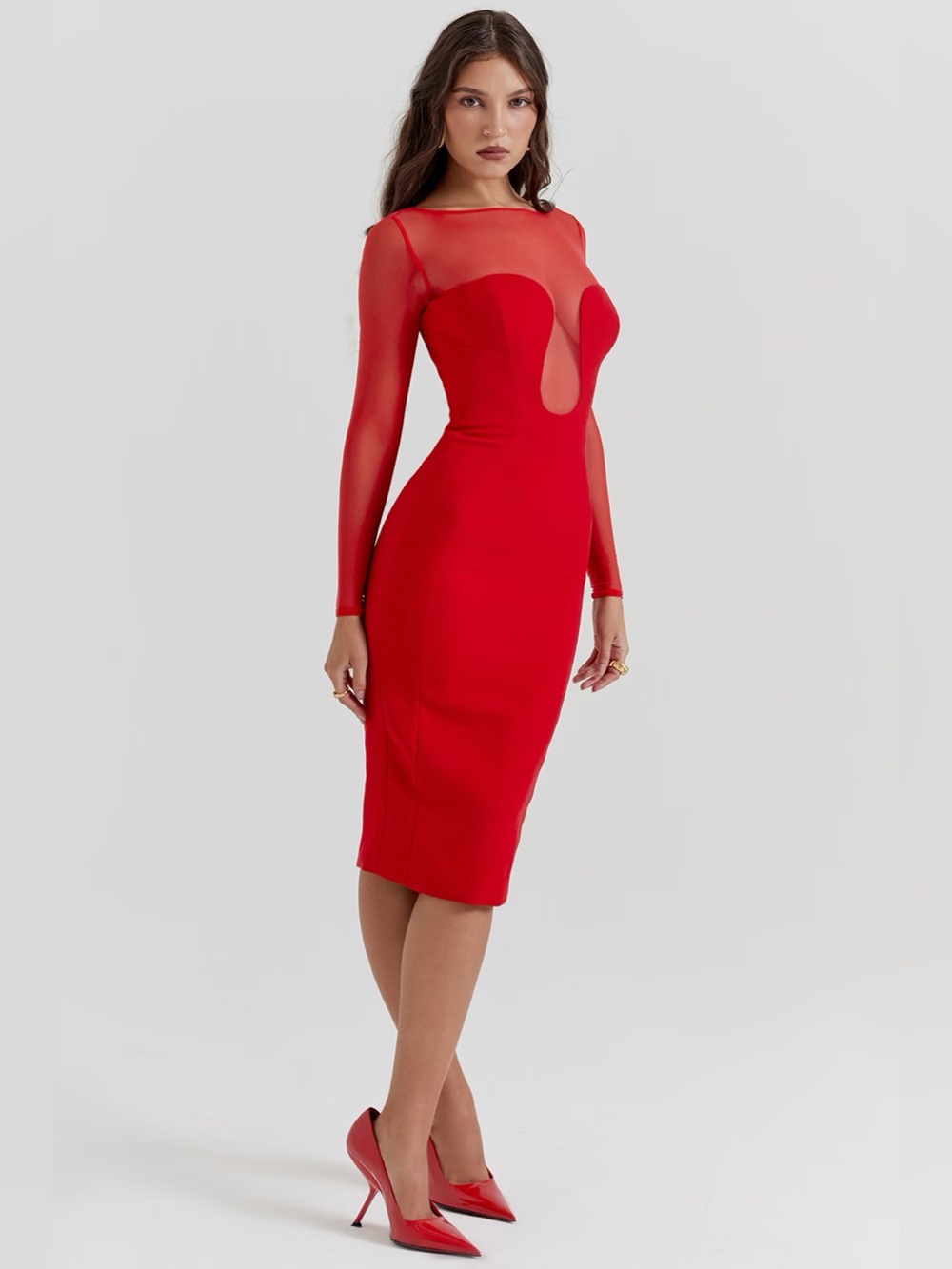 House of CB Darcy Red Plunge Mesh Midi Dress Size S